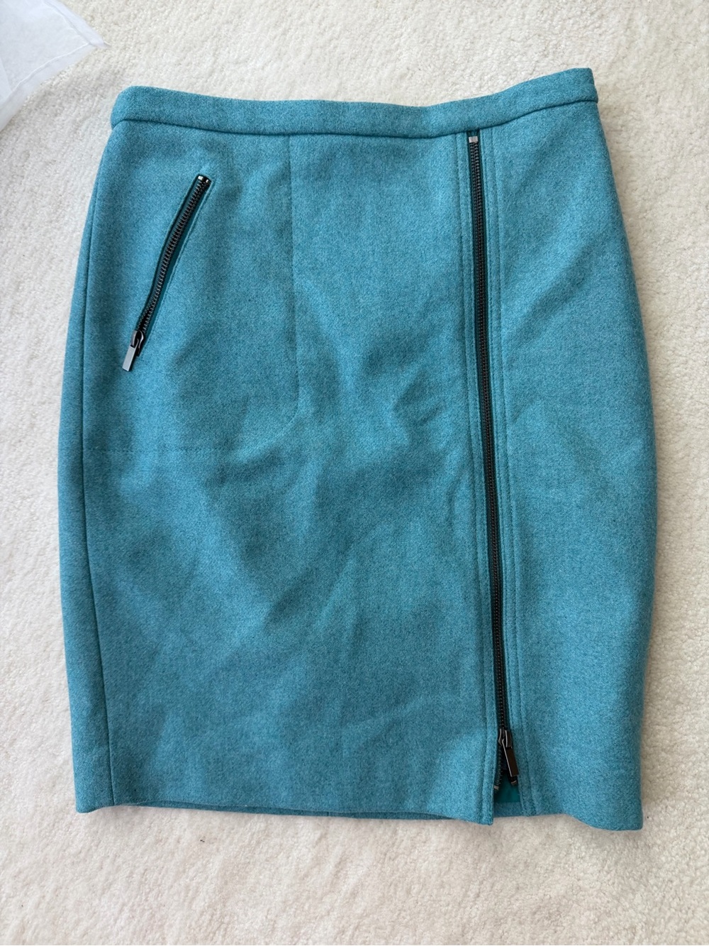 J.Crew Teal Blue Asymmetrical Wool Pencil Skirt Playful Zip Opening Front